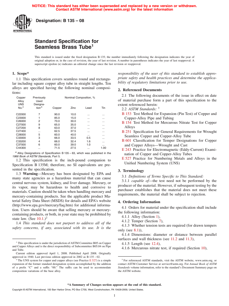 ASTM B135-08 - Standard Specification for  Seamless Brass Tube
