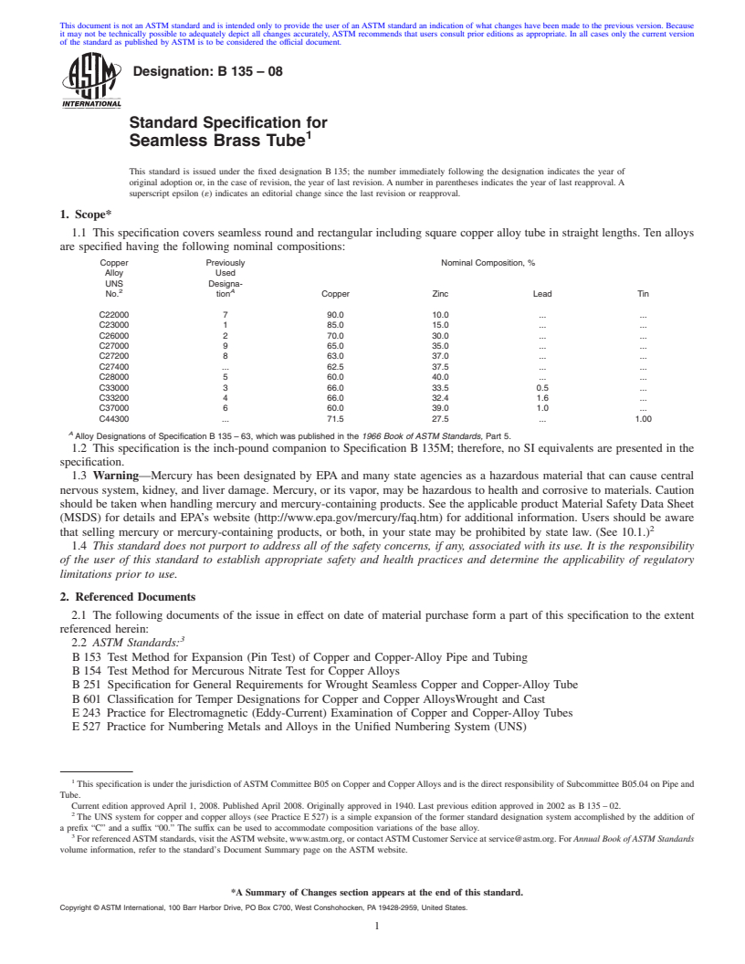 REDLINE ASTM B135-08 - Standard Specification for  Seamless Brass Tube