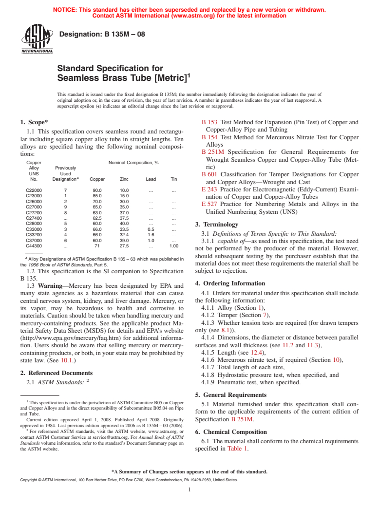 ASTM B135M-08 - Standard Specification for  Seamless Brass Tube [Metric]