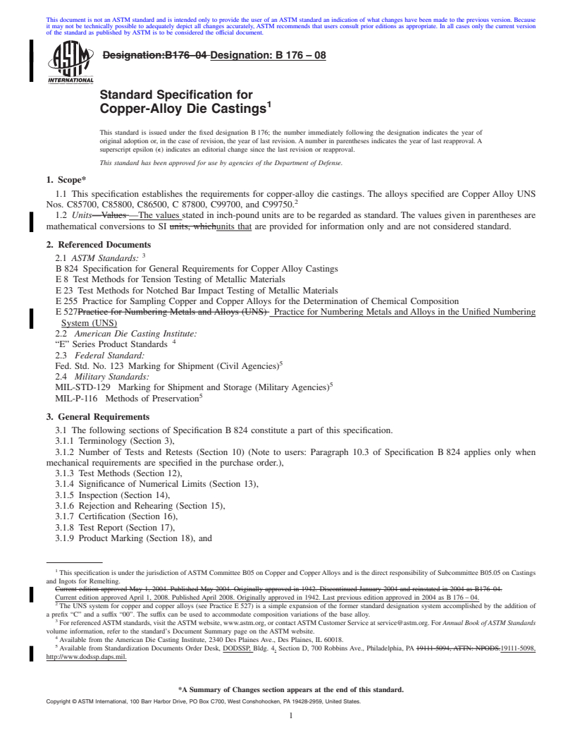 REDLINE ASTM B176-08 - Standard Specification for Copper-Alloy Die Castings