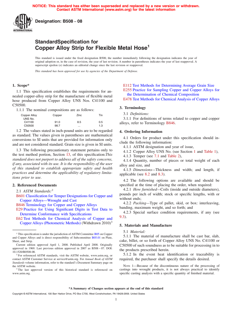 ASTM B508-08 - Standard Specification for  Copper Alloy Strip for Flexible Metal Hose