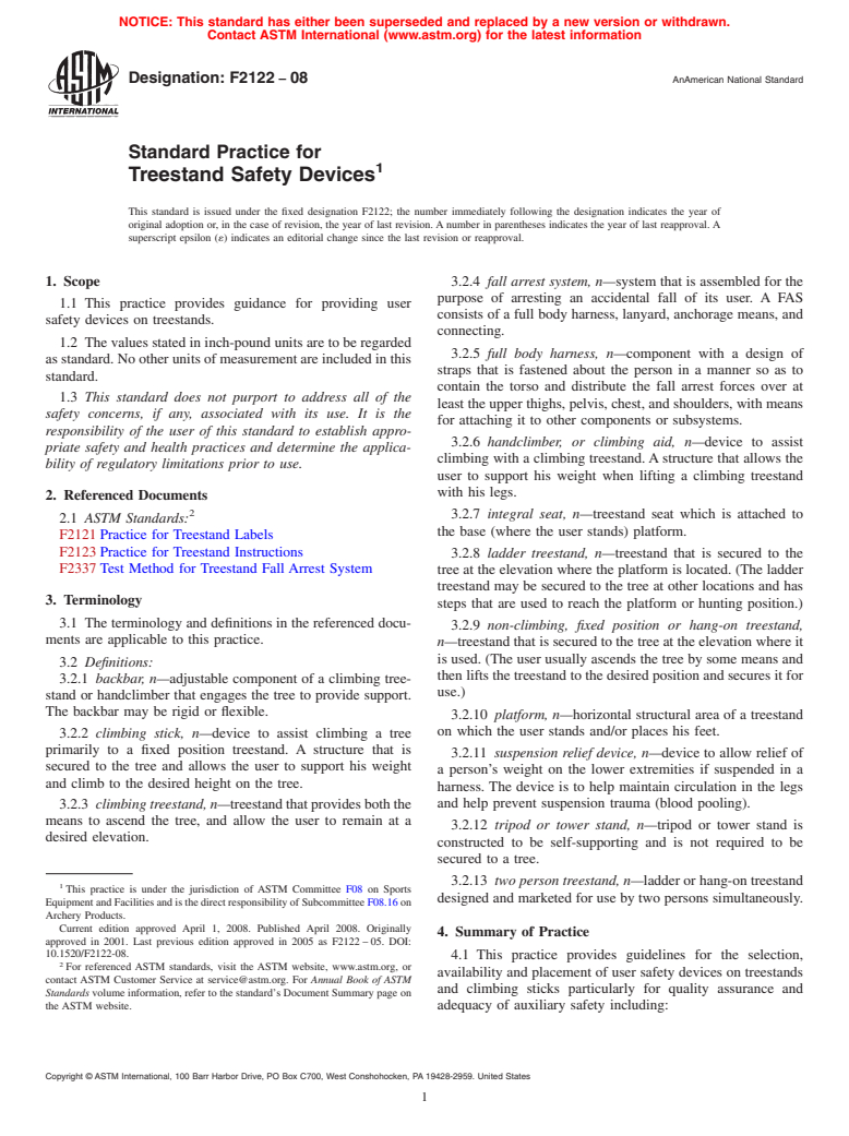 ASTM F2122-08 - Standard Practice for Treestand Safety Devices