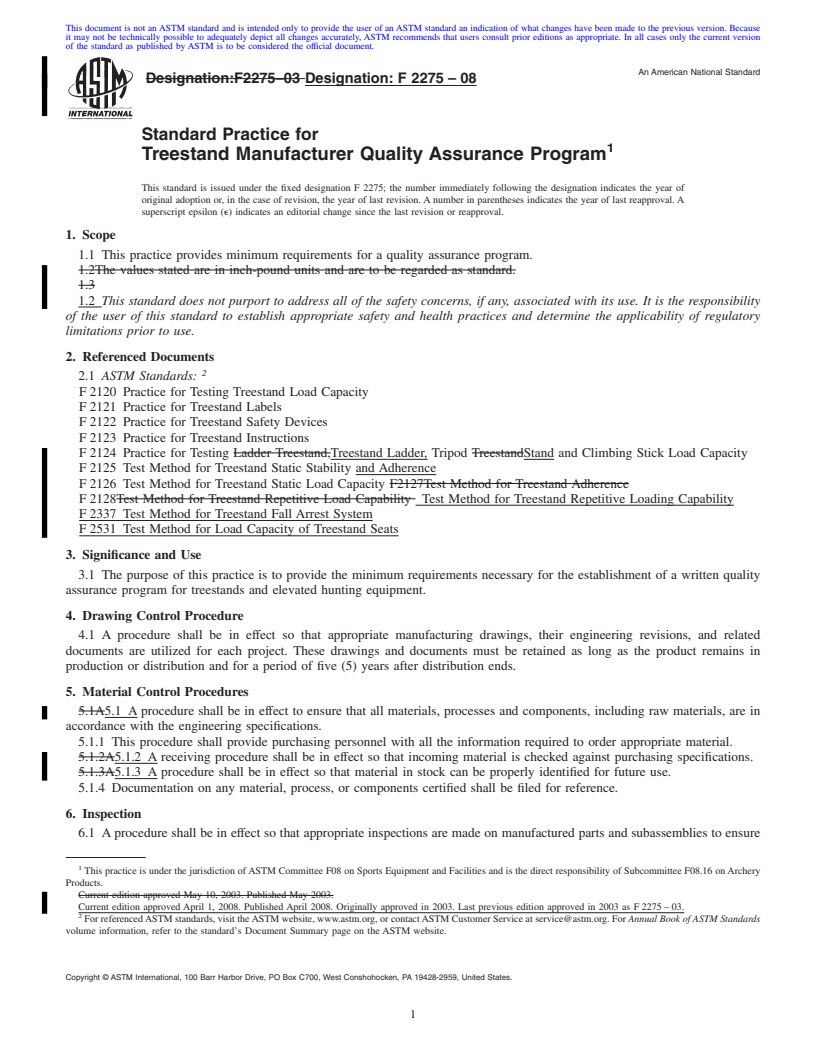 REDLINE ASTM F2275-08 - Standard Practice for Treestand Manufacturer Quality Assurance Program