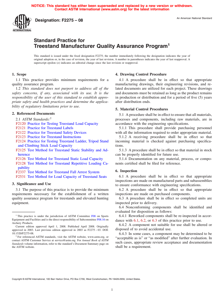 ASTM F2275-08 - Standard Practice for Treestand Manufacturer Quality Assurance Program
