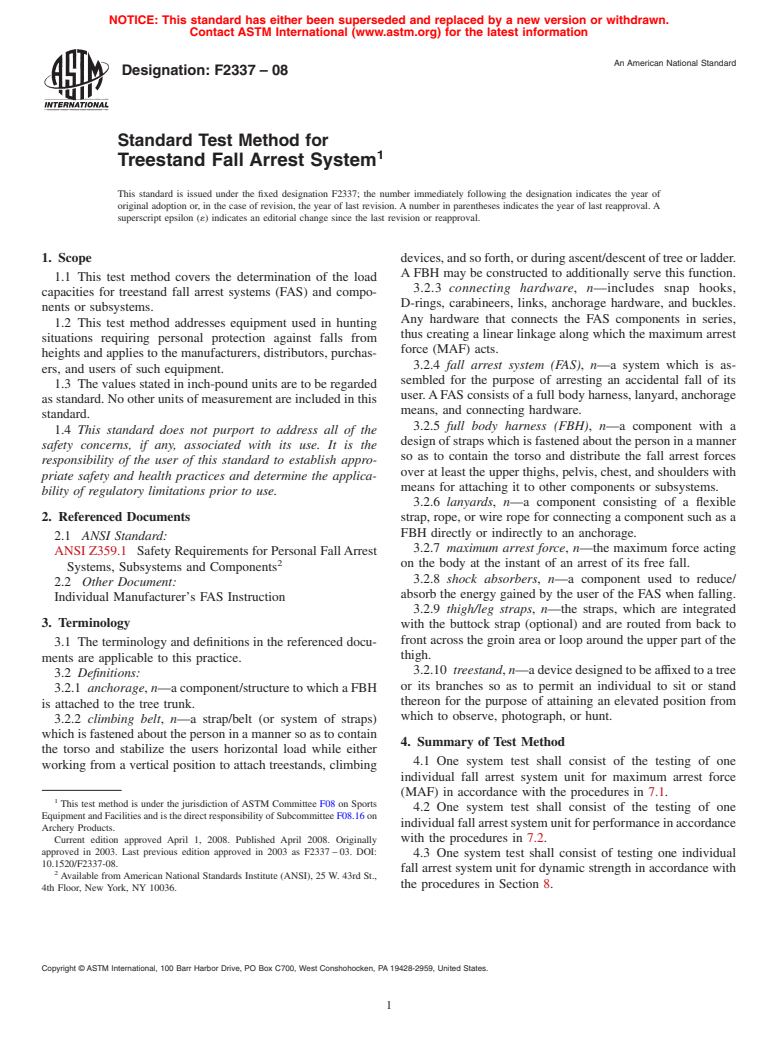 ASTM F2337-08 - Standard Test Method for Treestand Fall Arrest System
