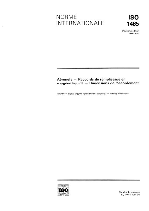 ISO 1465:1989 - Aéronefs -- Raccords de remplissage en oxygene liquide -- Dimensions de raccordement