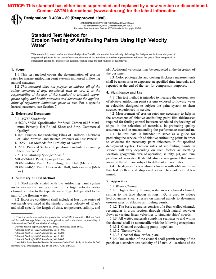 ASTM D4938-89(1996) - Standard Test Method for Erosion Testing of Antifouling Paints Using High Velocity Water