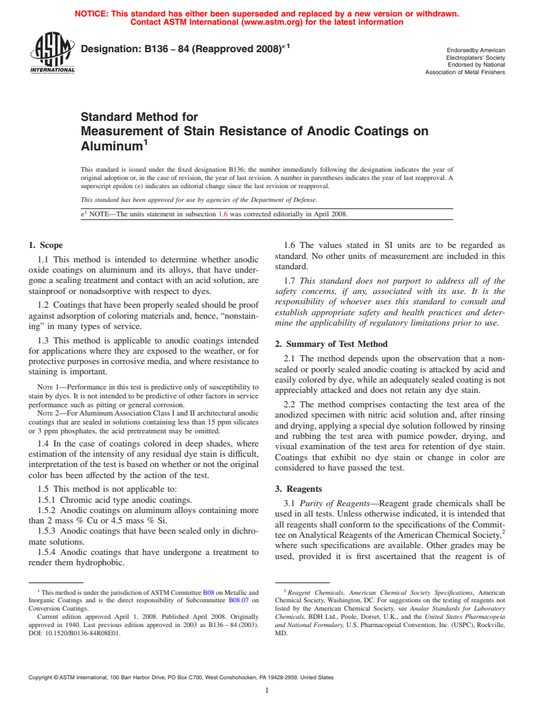 ASTM B136-84(2008)e1 - Standard Method for Measurement of Stain Resistance of Anodic Coatings on Aluminum