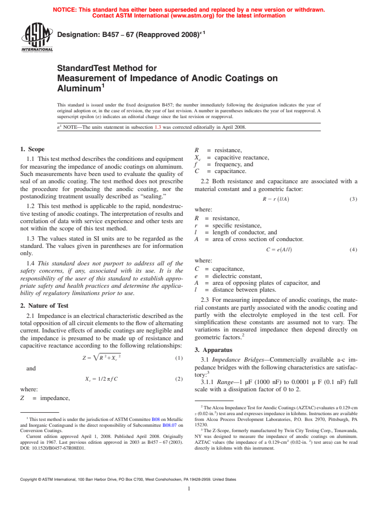 ASTM B457-67(2008)e1 - Standard Test Method for Measurement of Impedance of Anodic Coatings on Aluminum