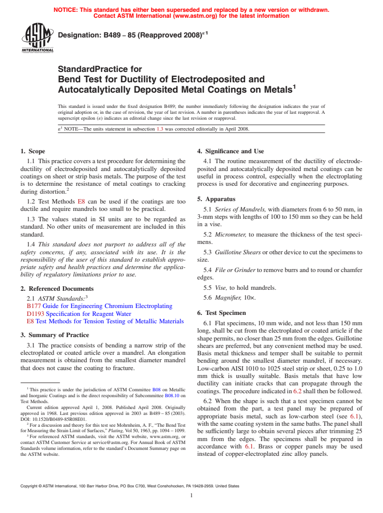 ASTM B489-85(2008)e1 - Standard Practice for  Bend Test for Ductility of Electrodeposited and Autocatalytically Deposited   Metal Coatings on Metals