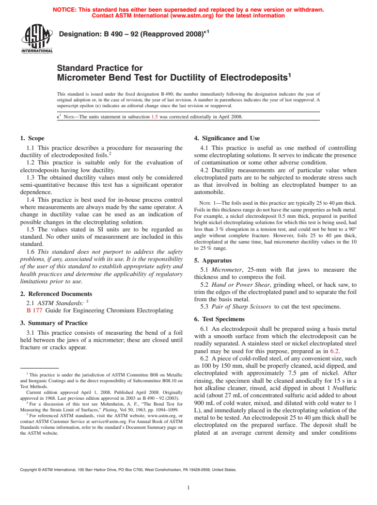 ASTM B490-92(2008)e1 - Standard Practice for Micrometer Bend Test for Ductility of Electrodeposits