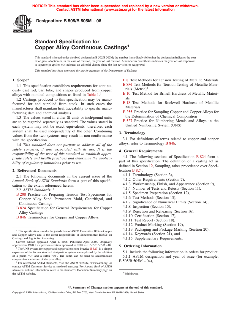 ASTM B505/B505M-08 - Standard Specification for Copper Alloy Continuous Castings