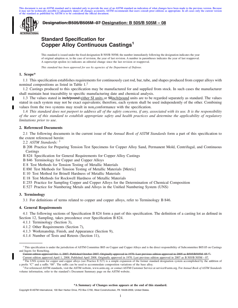 REDLINE ASTM B505/B505M-08 - Standard Specification for Copper Alloy Continuous Castings