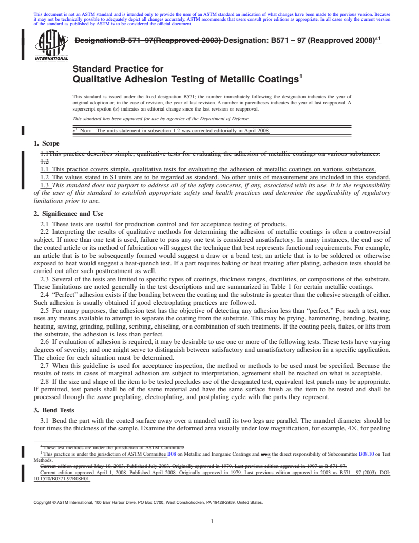 REDLINE ASTM B571-97(2008)e1 - Standard Practice for  Qualitative Adhesion Testing of Metallic Coatings