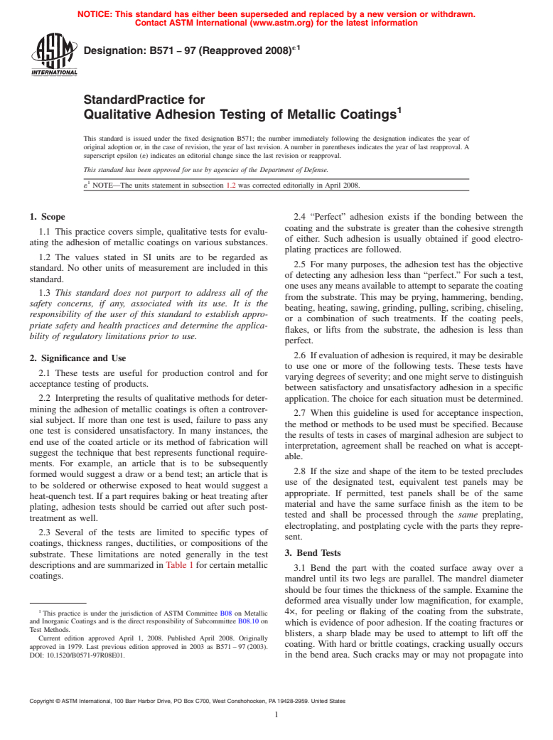 ASTM B571-97(2008)e1 - Standard Practice for  Qualitative Adhesion Testing of Metallic Coatings