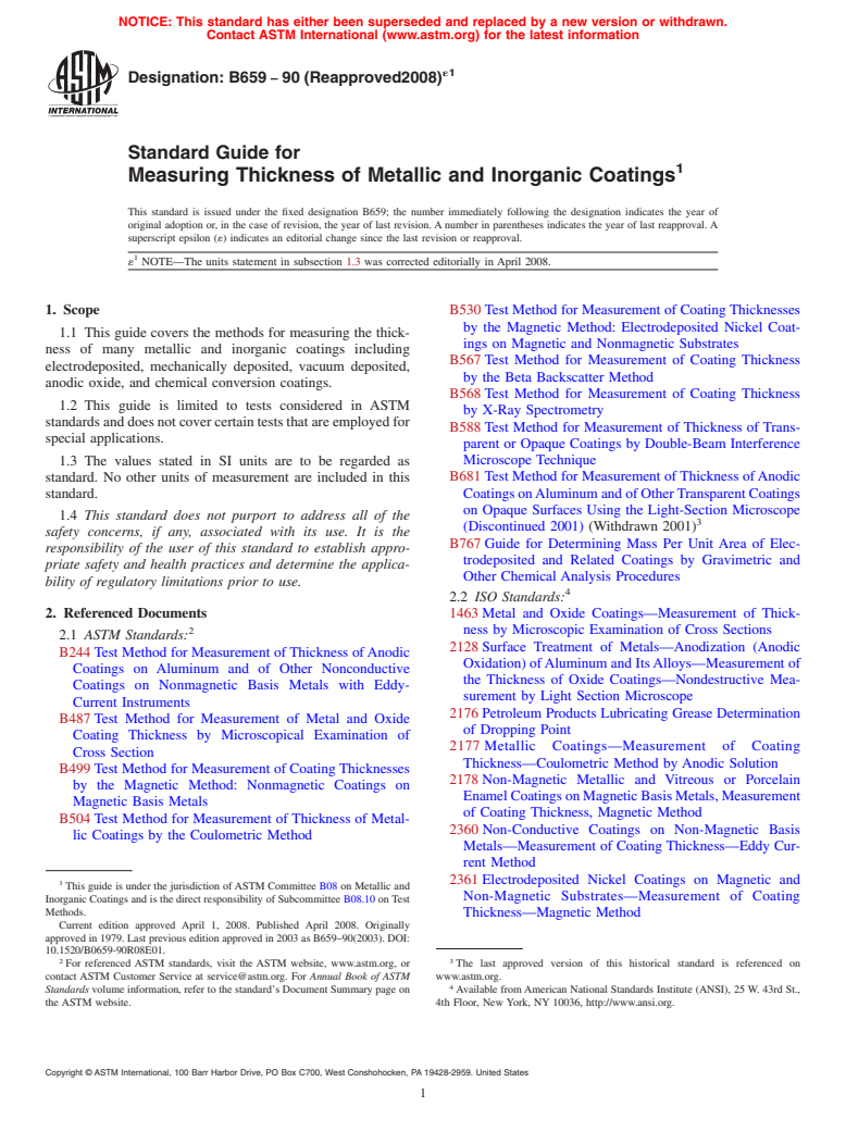 ASTM B659-90(2008)e1 - Standard Guide for Measuring Thickness of Metallic and Inorganic Coatings