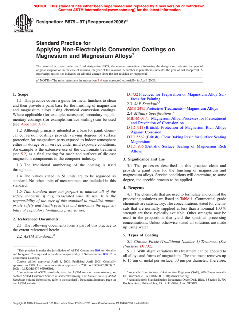 ASTM B879-97(2008)e1 - Standard Practice for Applying Non-Electrolytic Conversion Coatings on Magnesium and Magnesium Alloys