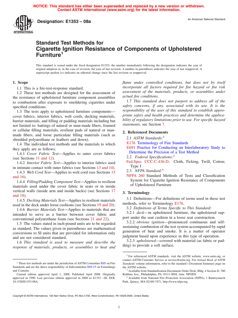ASTM E1353-08a - Standard Test Methods for Cigarette Ignition Resistance of Components of Upholstered Furniture
