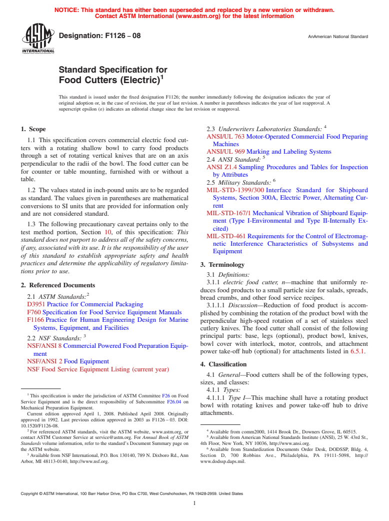 ASTM F1126-08 - Standard Specification for  Food Cutters (Electric)