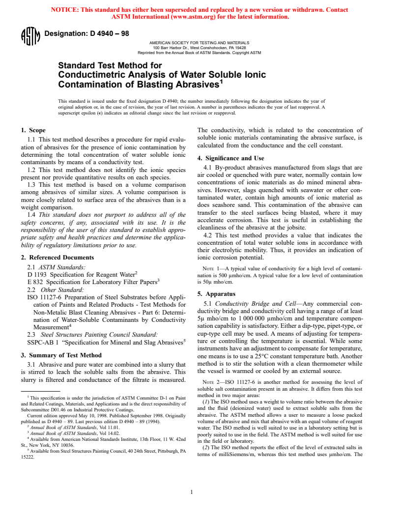 ASTM D4940-98 - Standard Test Method for Conductimetric Analysis of Water Soluble Ionic Contamination of Blasting Abrasives