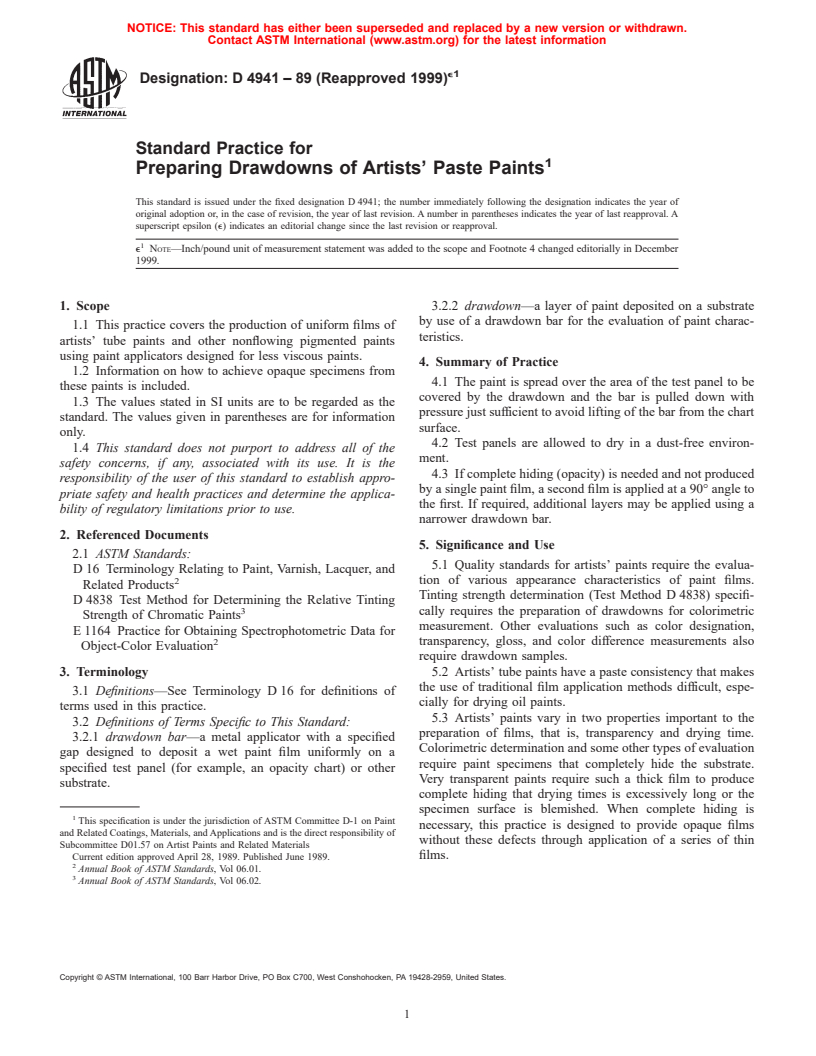 ASTM D4941-89(1999)e1 - Standard Practice for Preparing Drawdowns of Artists' Paste Paints