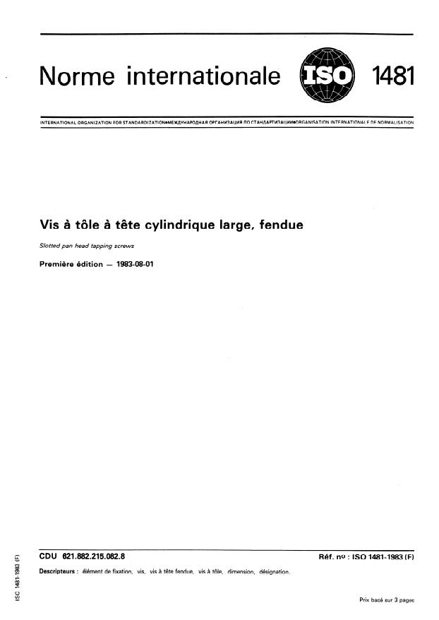 ISO 1481:1983 - Vis a tôle a tete cylindrique large, fendue