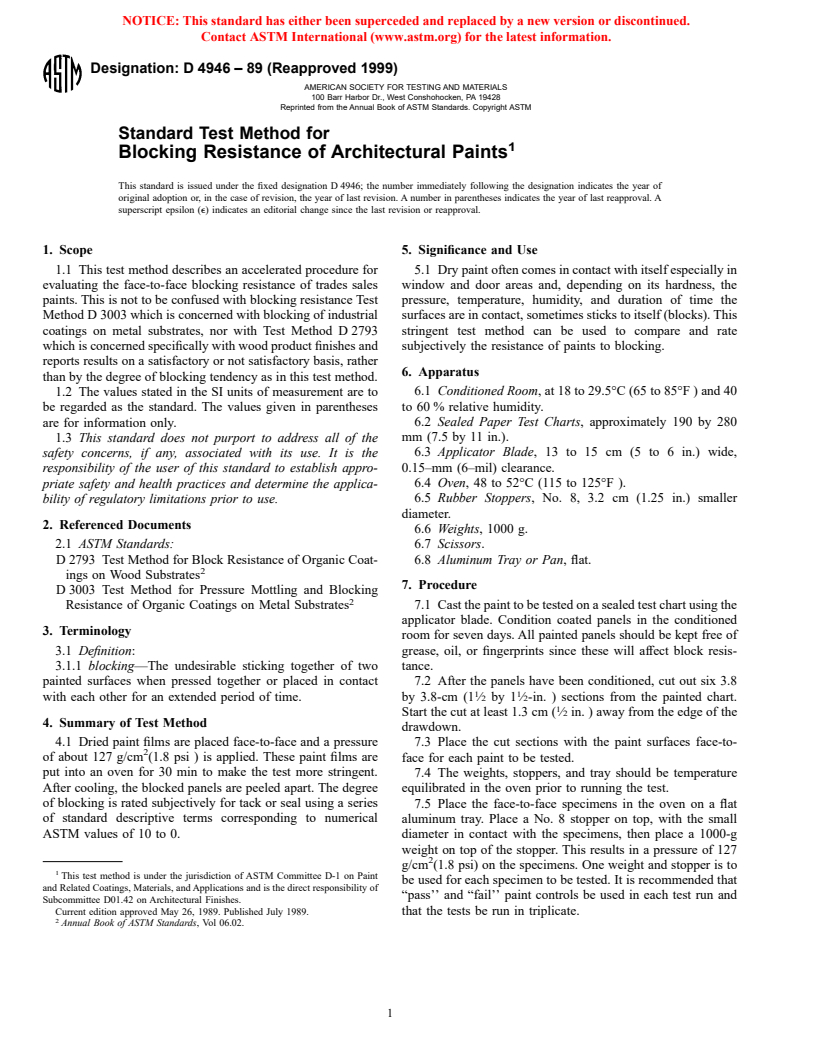 ASTM D4946-89(1999) - Standard Test Method for Blocking Resistance of Architectural Paints