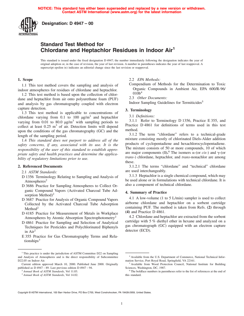 ASTM D4947-00 - Standard Test Method for Chlordane and Heptachlor Residues in Indoor Air