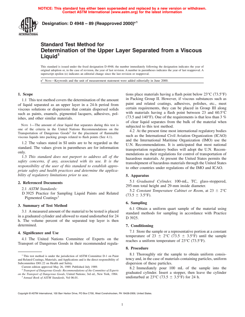 ASTM D4948-89(2000)e1 - Standard Test Method for Determination of the Upper Layer Separated from a Viscous Liquid