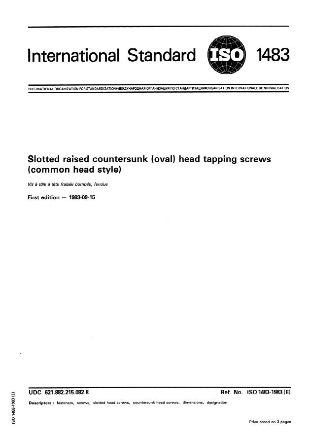 ISO 1483:1983 - Slotted raised countersunk (oval) head tapping screws (common head style)