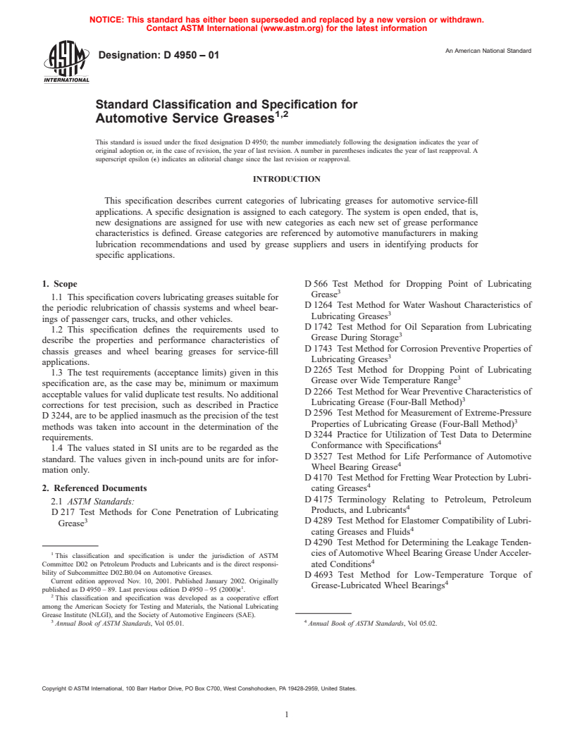 ASTM D4950-01 - Standard Classification and Specification of Automotive Service Greases