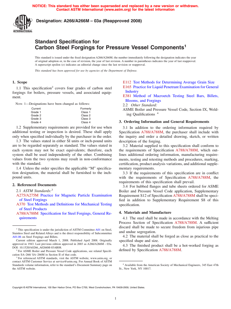 ASTM A266/A266M-03a(2008) - Standard Specification for  Carbon Steel Forgings for Pressure Vessel Components