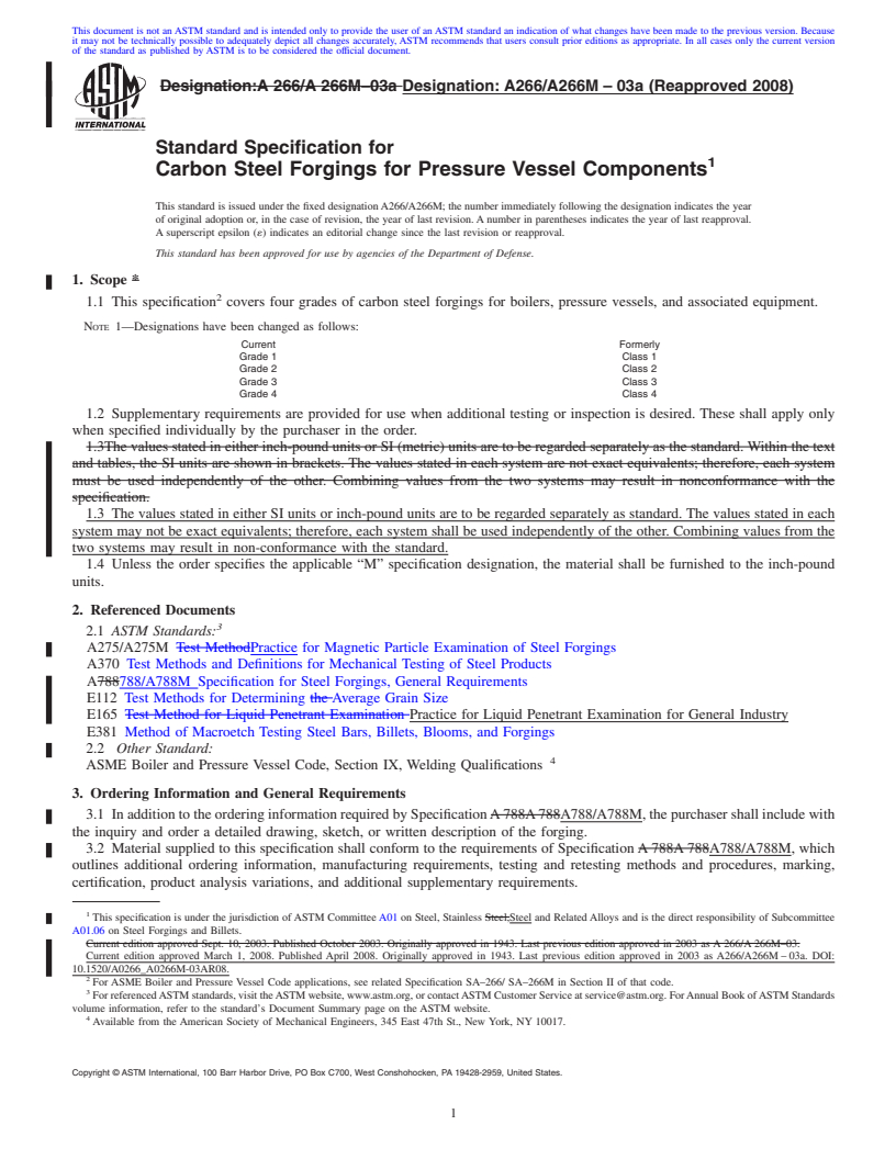 REDLINE ASTM A266/A266M-03a(2008) - Standard Specification for  Carbon Steel Forgings for Pressure Vessel Components