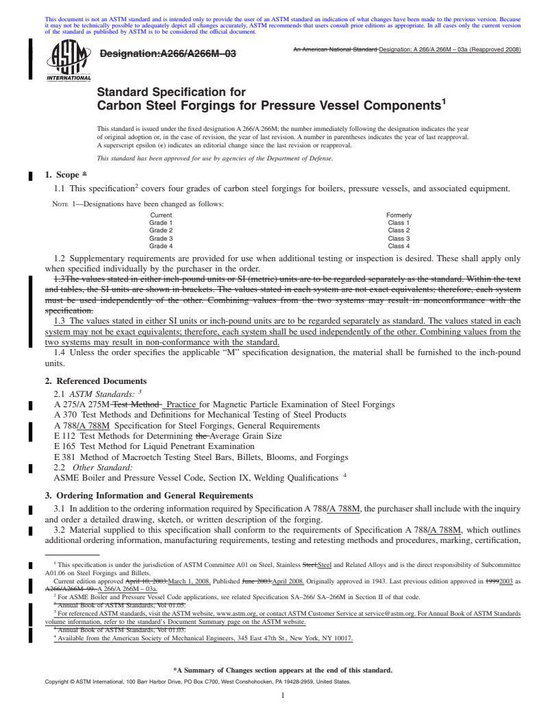 REDLINE ASTM A266/A266M-03a(2008) - Standard Specification for  Carbon Steel Forgings for Pressure Vessel Components