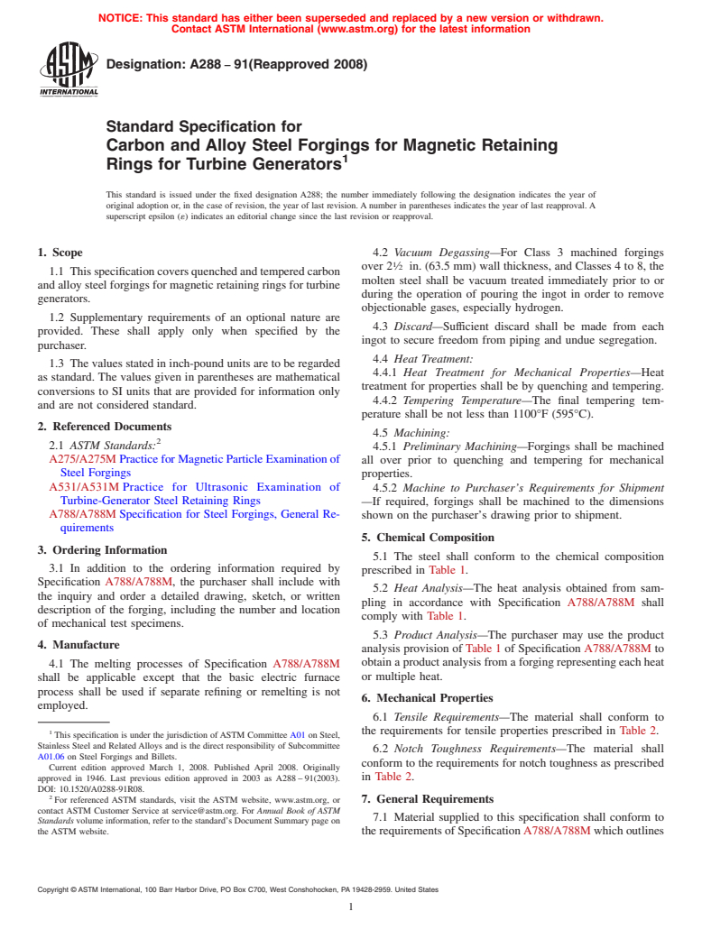 ASTM A288-91(2008) - Standard Specification for Carbon and Alloy Steel Forgings for Magnetic Retaining Rings for Turbine Generators