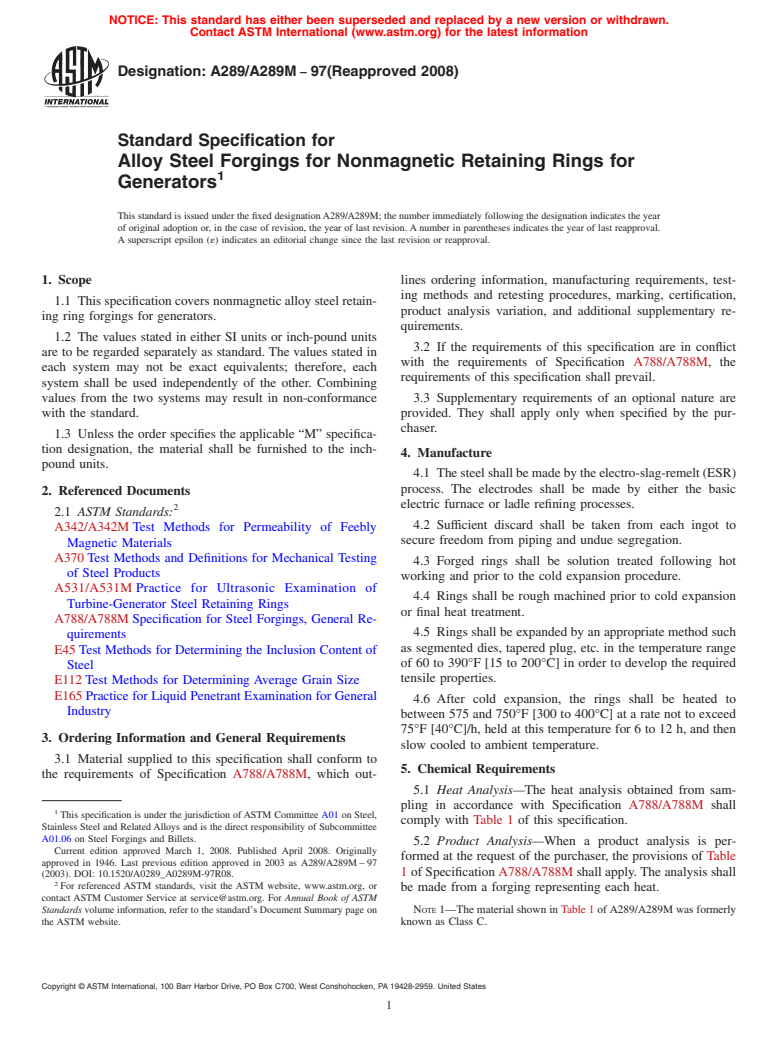 ASTM A289/A289M-97(2008) - Standard Specification for  Alloy Steel Forgings for Nonmagnetic Retaining Rings for Generators