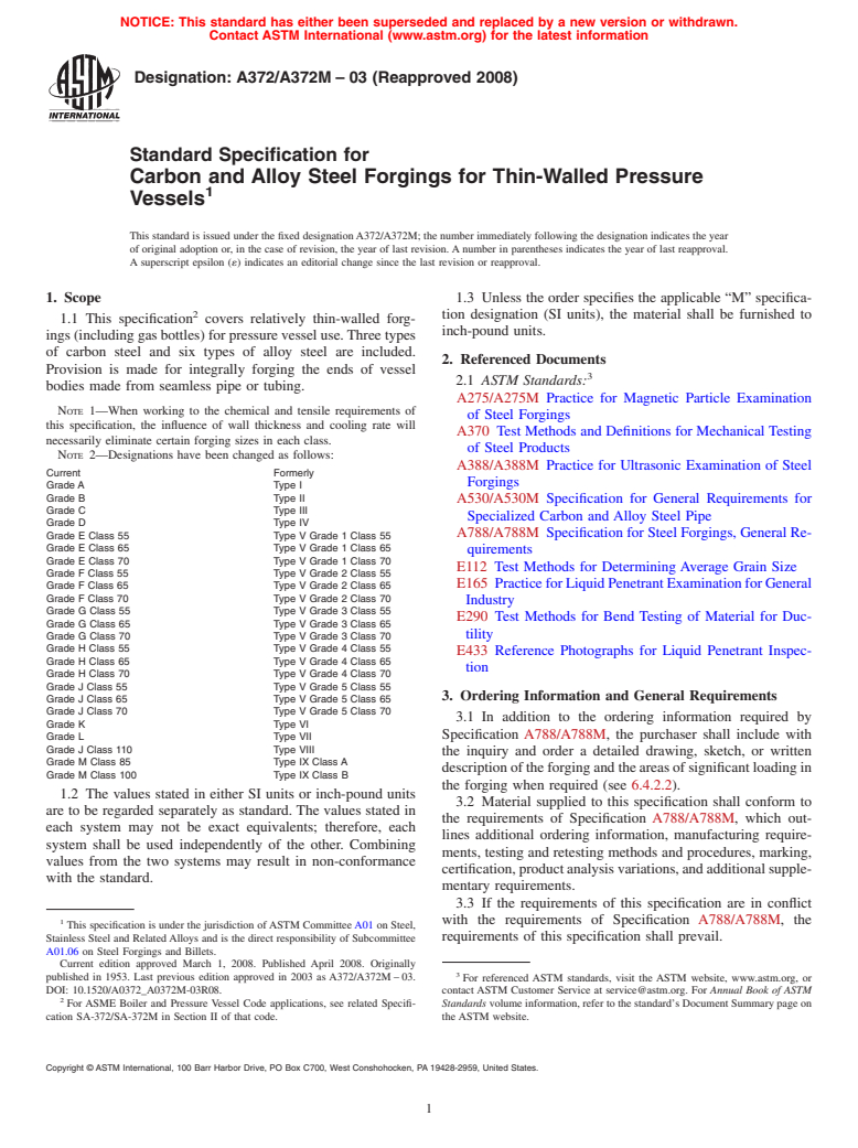 ASTM A372/A372M-03(2008) - Standard Specification for  Carbon and Alloy Steel Forgings for Thin-Walled Pressure Vessels