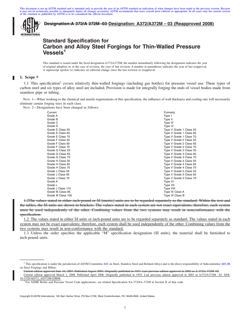 REDLINE ASTM A372/A372M-03(2008) - Standard Specification for  Carbon and Alloy Steel Forgings for Thin-Walled Pressure Vessels