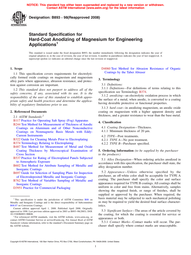 ASTM B893-98(2008) - Standard Specification for Hard-Coat Anodizing of Magnesium for Engineering Applications