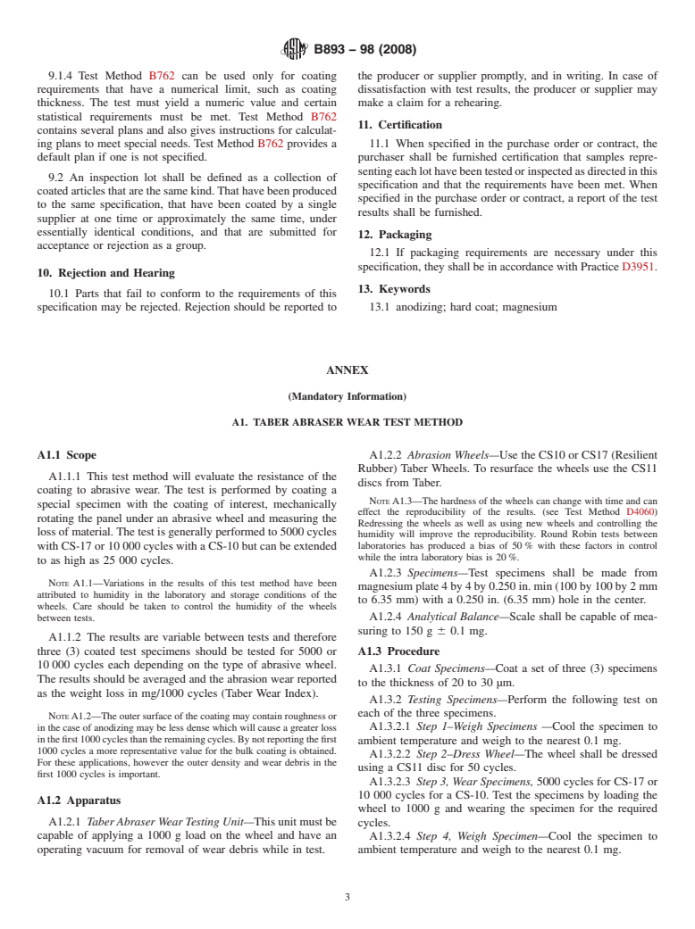 ASTM B893-98(2008) - Standard Specification for Hard-Coat Anodizing of Magnesium for Engineering Applications