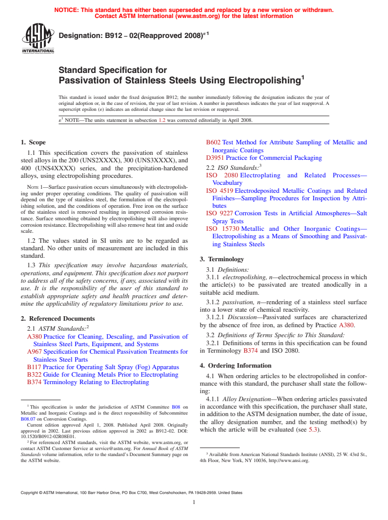 ASTM B912-02(2008)e1 - Standard Specification for Passivation of Stainless Steels Using Electropolishing