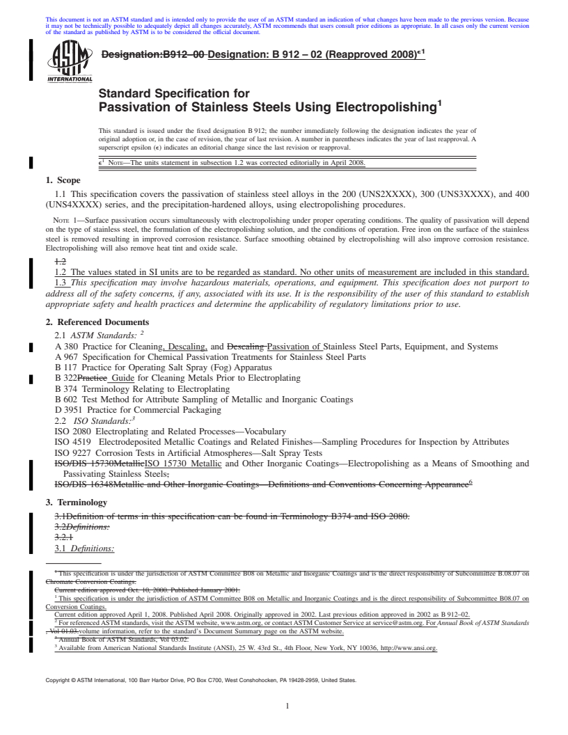 REDLINE ASTM B912-02(2008)e1 - Standard Specification for Passivation of Stainless Steels Using Electropolishing