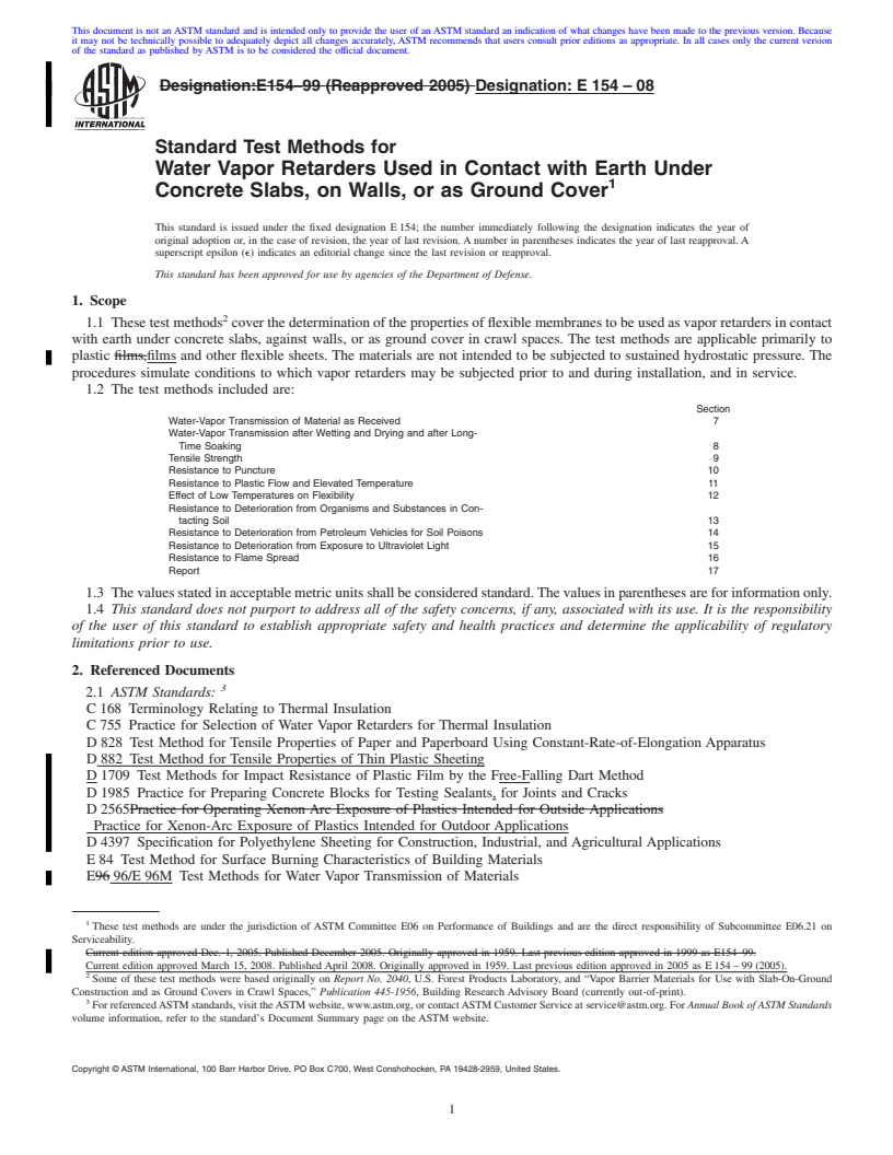 REDLINE ASTM E154-08 - Standard Test Methods for Water Vapor Retarders Used in Contact with Earth Under Concrete Slabs,  on Walls, or as Ground Cover