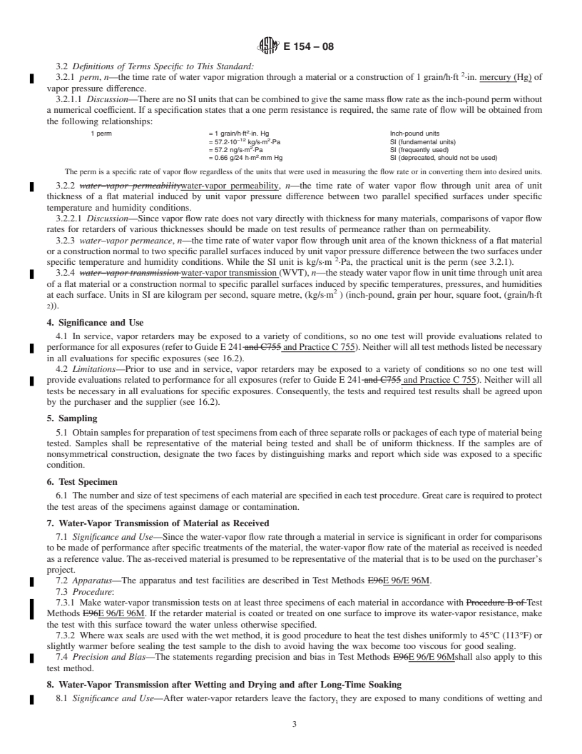 REDLINE ASTM E154-08 - Standard Test Methods for Water Vapor Retarders Used in Contact with Earth Under Concrete Slabs,  on Walls, or as Ground Cover