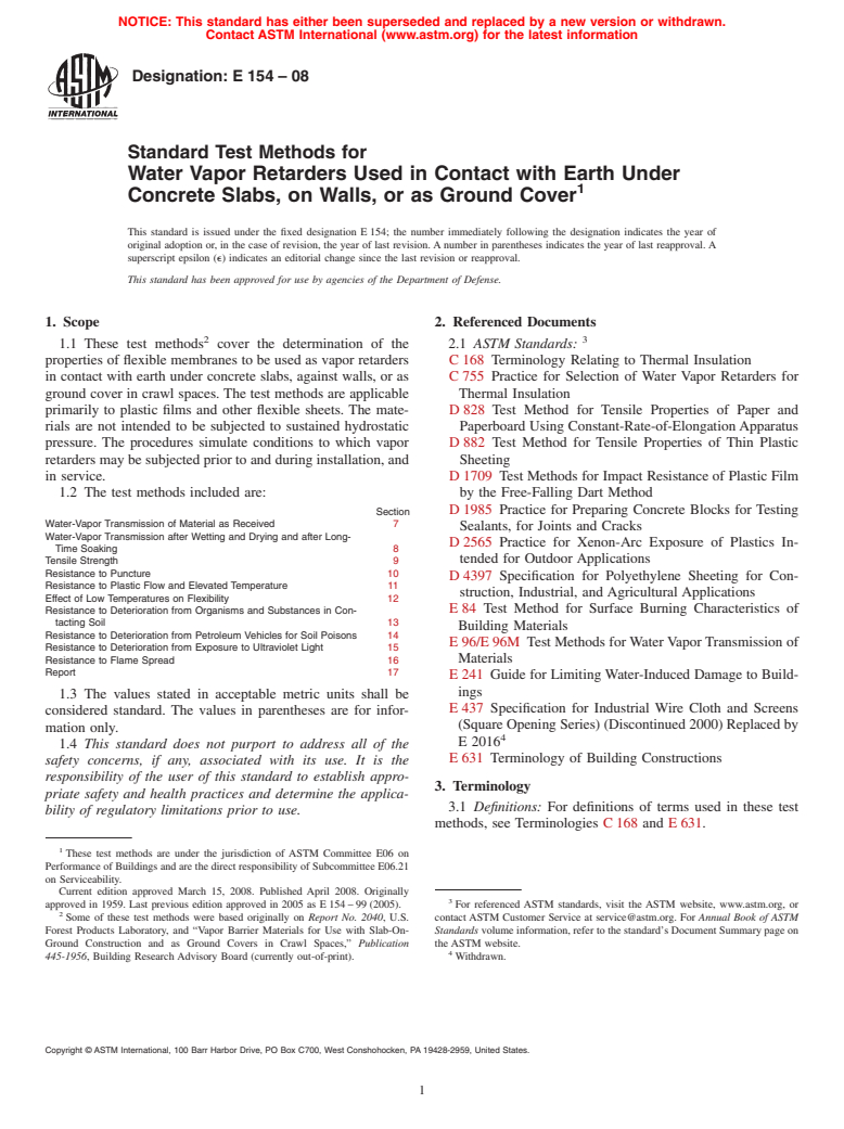 ASTM E154-08 - Standard Test Methods for Water Vapor Retarders Used in Contact with Earth Under Concrete Slabs,  on Walls, or as Ground Cover