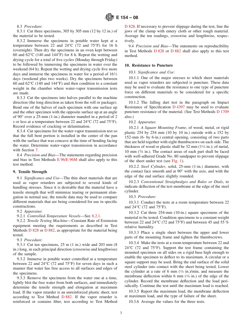 ASTM E154-08 - Standard Test Methods for Water Vapor Retarders Used in Contact with Earth Under Concrete Slabs,  on Walls, or as Ground Cover