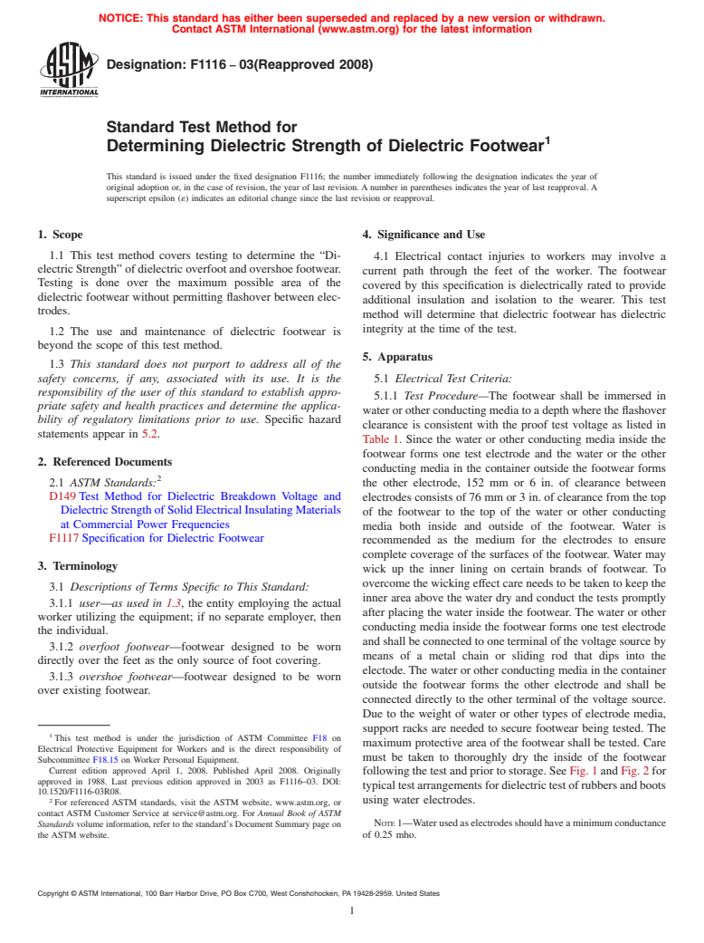 ASTM F1116-03(2008) - Standard Test Method for Determining Dielectric Strength of Dielectric Footwear