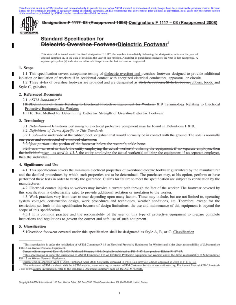 REDLINE ASTM F1117-03(2008) - Standard Specification for Dielectric Footwear