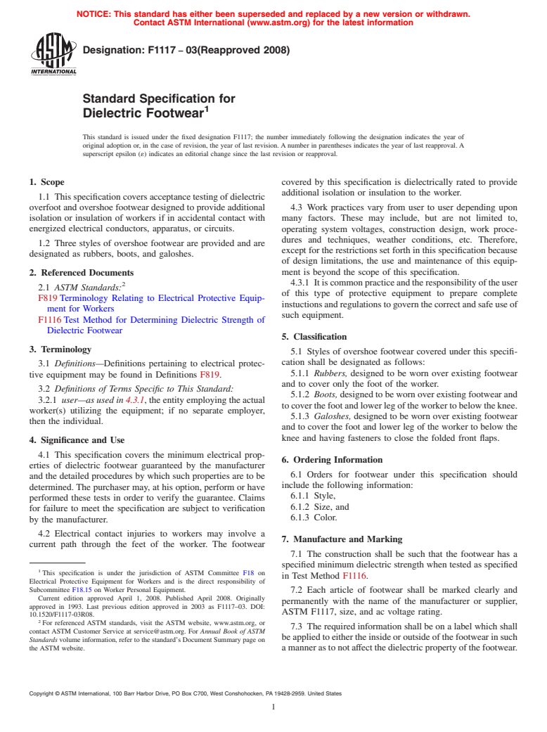 ASTM F1117-03(2008) - Standard Specification for Dielectric Footwear