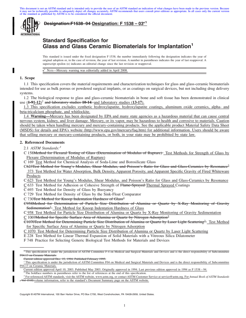 REDLINE ASTM F1538-03e1 - Standard Specification for  Glass and Glass Ceramic Biomaterials for Implantation